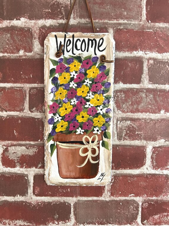 Hand painted Floral slate welcome sign, Porch decor, slate sign, painting on slate, garden decor, garden sign, Mothers day gift
