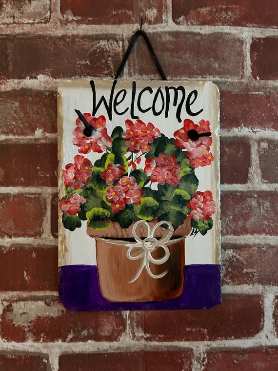 Floral porch decor, Painted geranium slate, welcome spring door hanger, Hand Painted floral welcome sign, Deck decor, garden decor