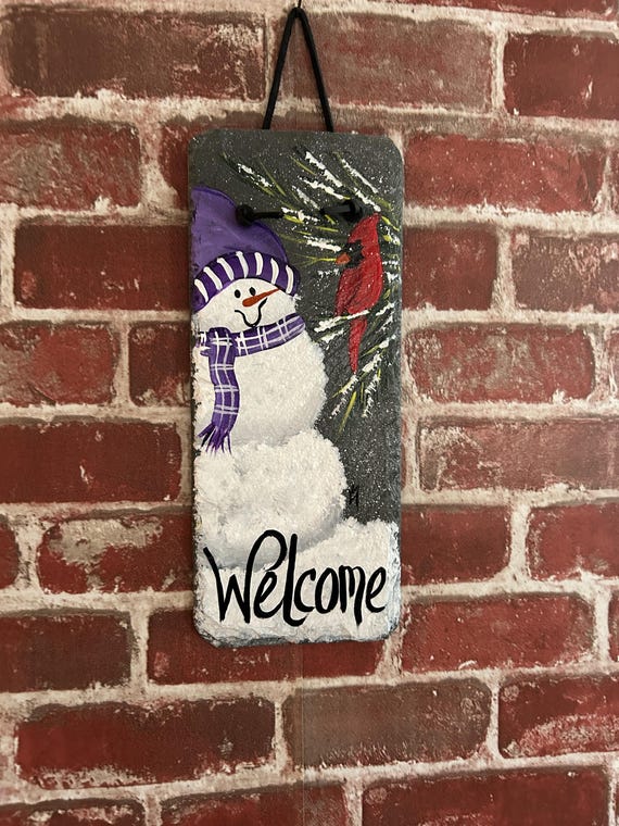 Hand Painted Snowman with Cardinal Slate: Rustic Winter Wall Decor, snowman door hanger, Porch Decor
