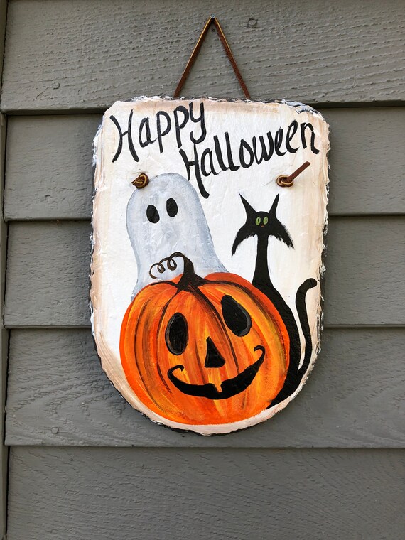 Halloween Painted Slate, Fall Porch Decor, Halloween Slate Door hanger, Halloween plaque, Halloween welcome sign, painted slate