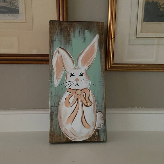 Painted wood Easter Bunny shelf sitter, Rustic bunny painting on wood, Easter wall hanging, Easter wood painting, rustic wood porch decor