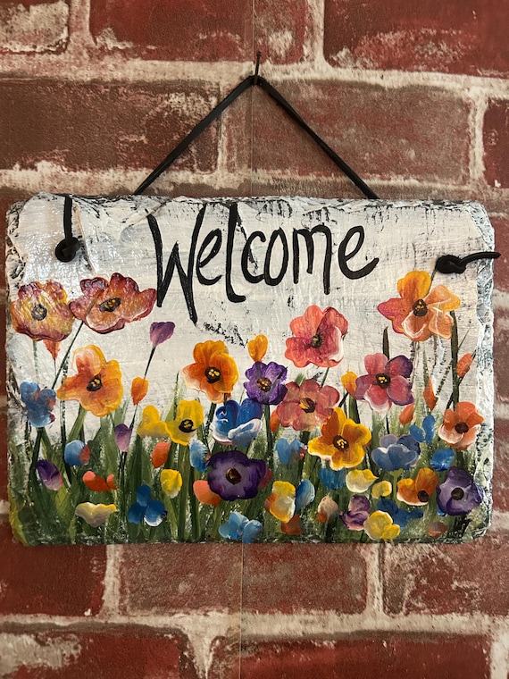 Hand-Painted Floral Slate Welcome Sign: Porch decor, slate door hanger