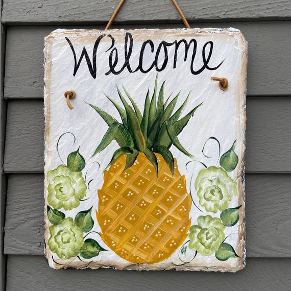 Hand Painted Slate Welcome Sign, Pineapple Welcome sign, pineapple welcome plaque, deck decor, Spring Door hanger, Spring slate sign