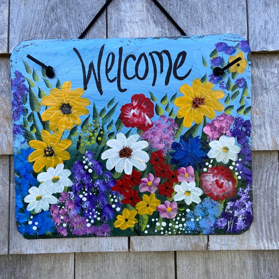 Floral welcome sign, Hand Painted Slate sign, Front door Slate, Spring Slate Sign, Floral door hanger, Spring slate, Slate welcome plaque