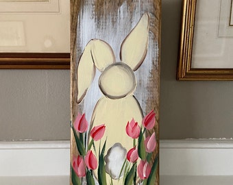 Painted wood Easter Bunny wall hanging, Rustic bunny painting on wood, Easter shelf sitter, Easter wood painting, rustic wood porch decor