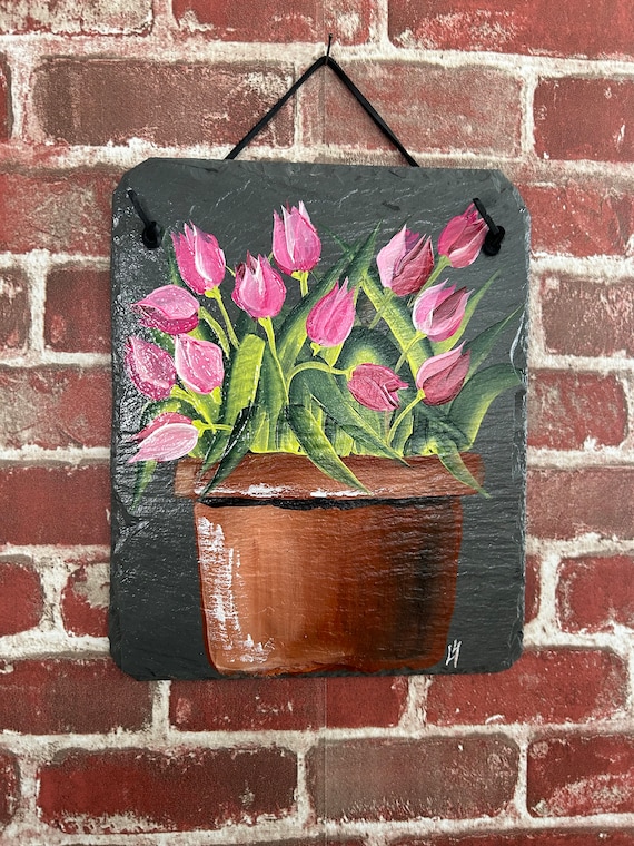 Spring tulip slate sign, pink Tulips Welcome sign, Easter Door hanger, painted slate tulip sign, Spring Porch Decor, Slate welcome plaque