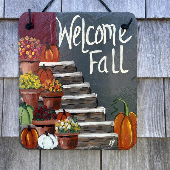 Painted pumpkin slate sign, welcome Fall plaque, door hanger, Pumpkin slate sign, Painted slate, slate sign, Fall sign, autumn painted slate
