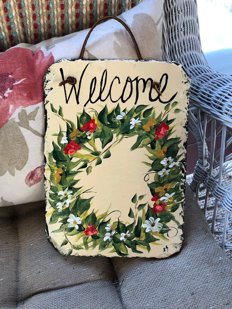 Painted plaque Welcome sign Spring Door Wreath 12 x 10 recycled roof slate door decor Welcome Sign Flower Wreath Slate door hanging