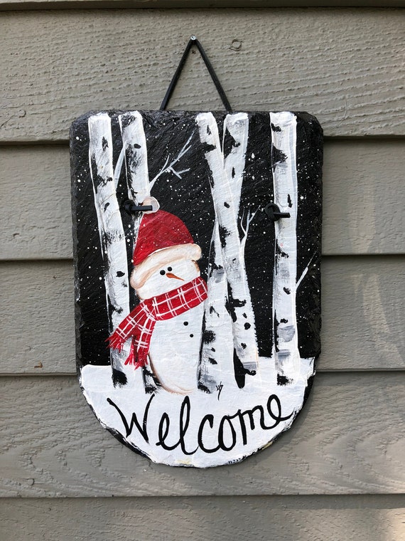 Snowman Slate welcome sign, snowman slate, Slate sign, Winter welcome sign, Welcome plaque, Snowman door hanger, slate tile, Painted Slate