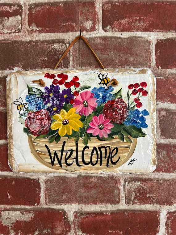 Painted slate welcome sign, garden slate sign, floral welcome plaque, Porch decor, door hanger, small slate welcome sign, garden decor