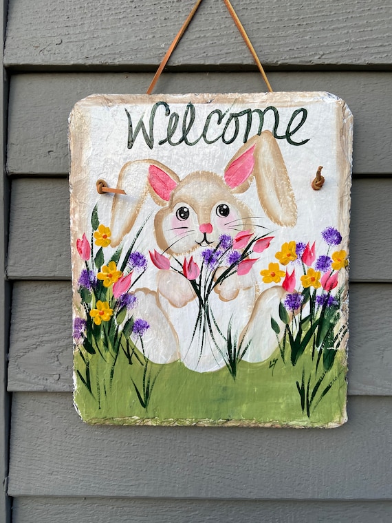Hand Painted slate Easter welcome sign: Spring door hanger
