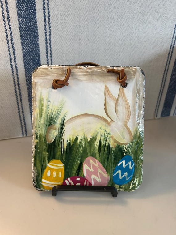 Hand Painted Easter Bunny Slate: Spring Decor (6x5 inches)