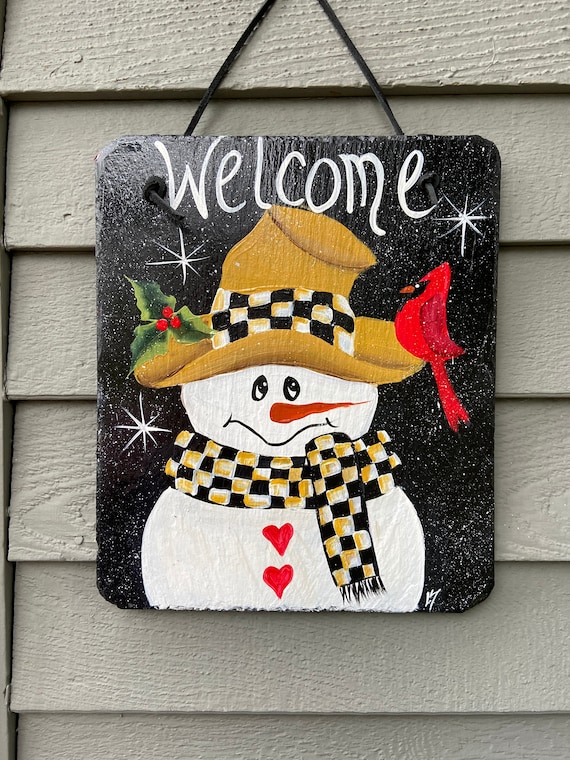 Snowman slate welcome sign: Hand Painted snowman porch decor