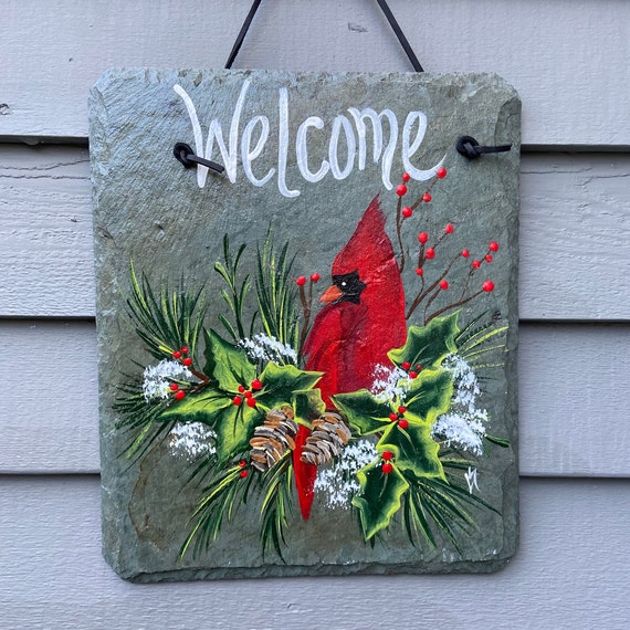 Painted Slate sign, Winter cardinal Welcome sign, slate sign, Winter Slate Sign, painted slate door hanger, Winter Slate welcome plaque