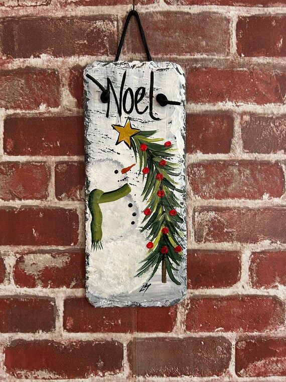 Hand Painted Christmas Snowmen Slate: Rustic holiday Wall Decor, Christmas door hanger, outdoor art