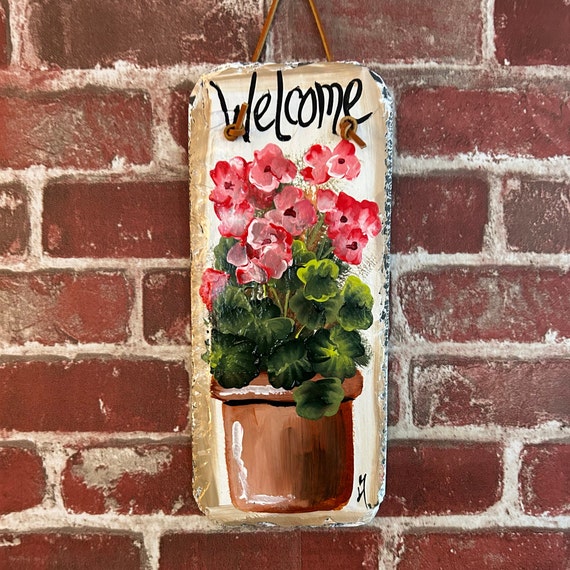 Painted slate welcome sign, personalized garden slate sign, Floral welcome plaque, Porch decor, door hanger, porch sign, garden decor