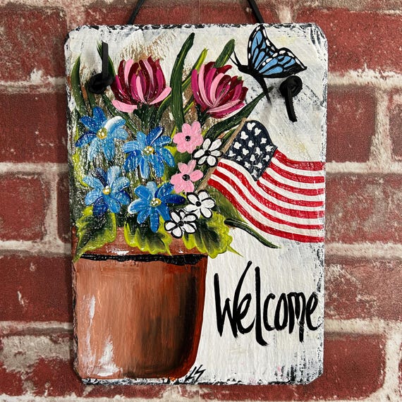 Painted Floral slate SIGN, welcome spring door hanger, Spring porch decor, Hand Painted floral welcome sign, painted Deck decor, slate sign