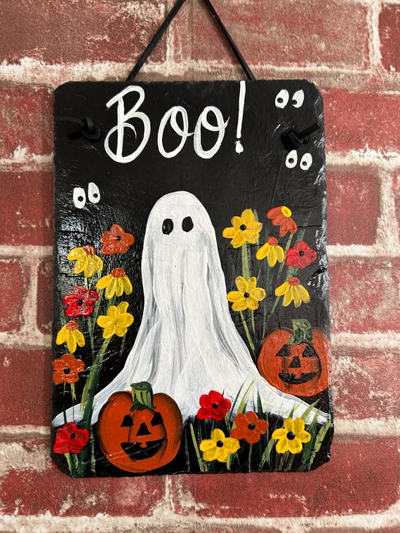 Hand Painted Halloween Slate Sign: Ghost, Pumpkin, Spooky Porch Decor