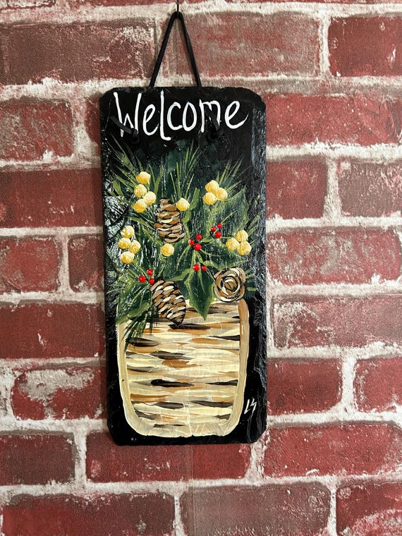 Hand-Painted Winter Welcome Slate Sign: Basket of Greens, Holiday wall decor
