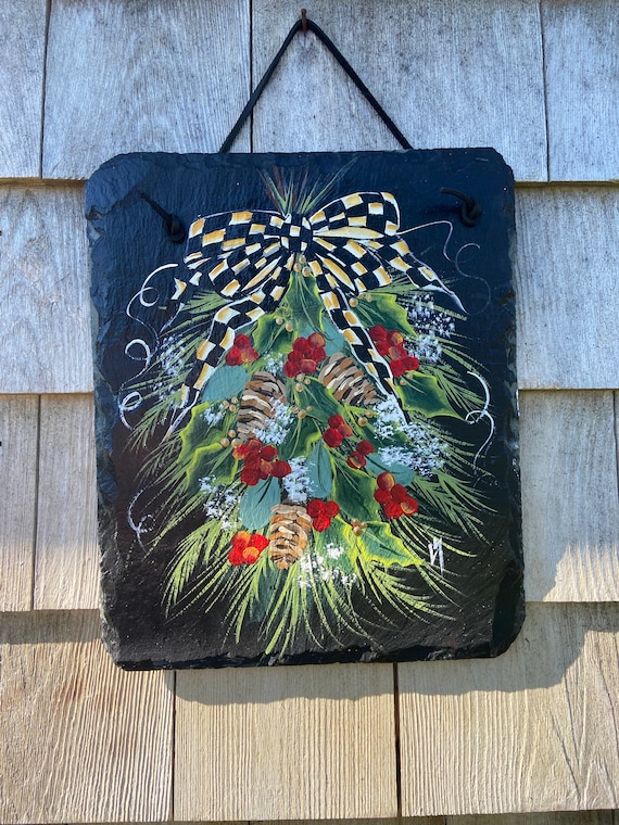 Painted Winter swag Slate, Winter Welcome sign, Painted winter sign, Slate sign, Christmas slate, Slate welcome plaque, winter door hanger