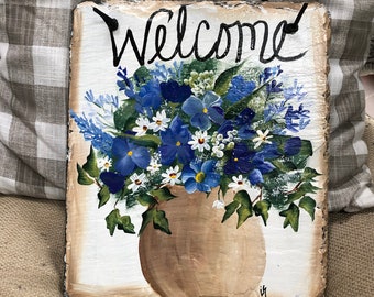 Porch welcome sign, Summer slate sign, Slate Garden sign, door decor, Spring decor, Floral welcome plaque, door hanger, Slate welcome sign