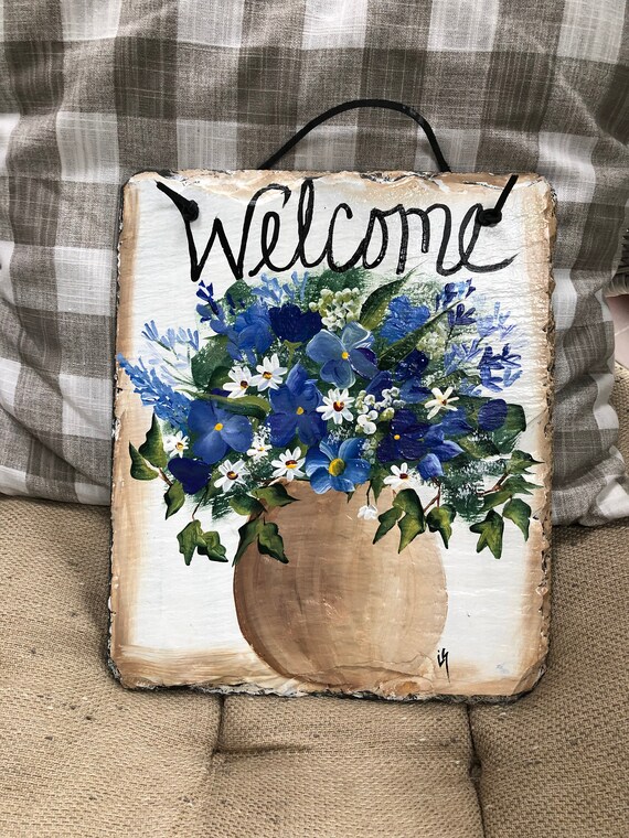 Porch welcome sign, Summer slate sign, Slate Garden sign, door decor, Spring decor, Floral welcome plaque, door hanger, Slate welcome sign