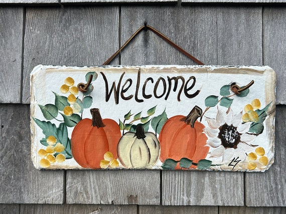 Painted pumpkin slate sign, Fall welcome plaque, painted slate sign, Fall sign, welcome sign, slate gift, porch decor, thanksgiving decor