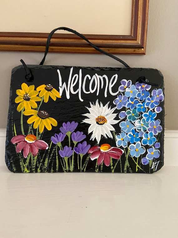 Painted slate welcome sign, garden slate sign, floral welcome plaque, Porch decor, door hanger, small slate welcome sign, garden decor