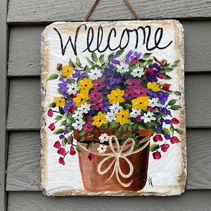 Painted Welcome Slate Sign: Spring Floral Door Hanger