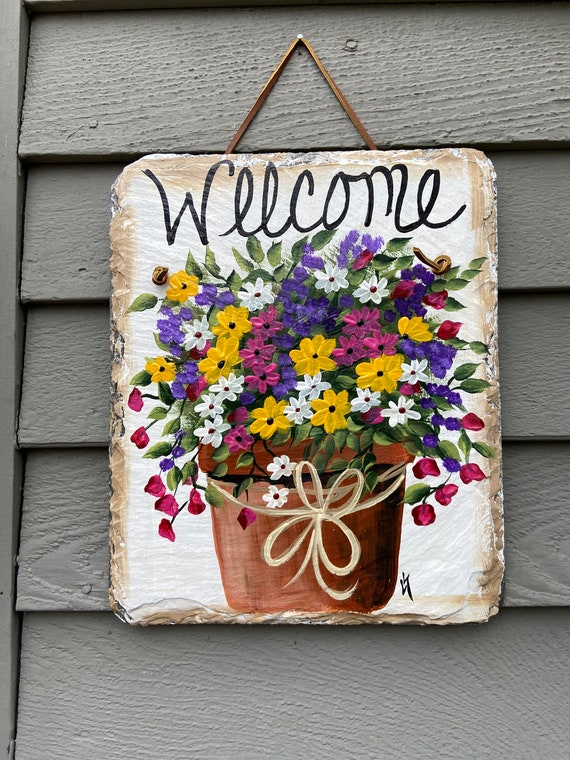 Hand Painted Slate sign, Spring Welcome sign, Front door Slate, Spring Slate Sign, door hanger, Spring slate, Slate welcome plaque