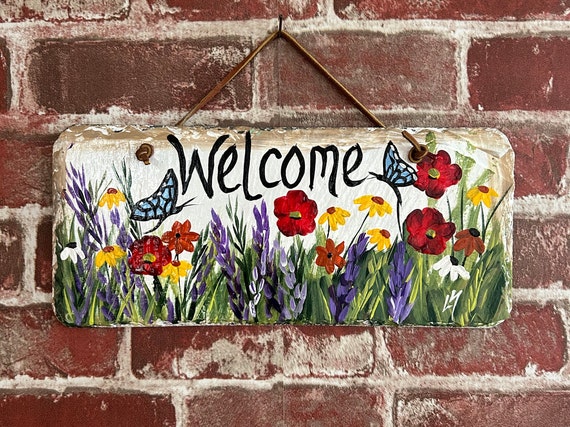 Painted slate welcome sign, personalized garden slate sign, Floral welcome plaque, Porch decor, door hanger, porch sign, garden decor