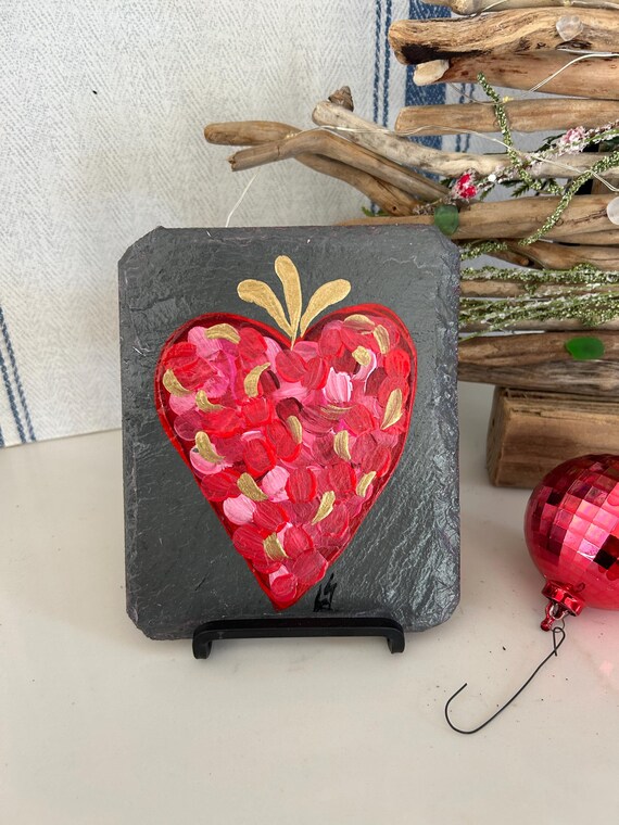 Painted Heart slate, Valentine Gift, Gift of Love, 6x5 hand painted slate , Gift for daughter, shelf sitter, girl room decor, holiday gift