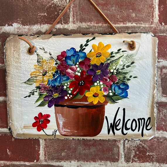 Painted slate welcome sign, garden slate sign, floral welcome plaque, Porch decor, door hanger, small slate welcome sign, garden decor