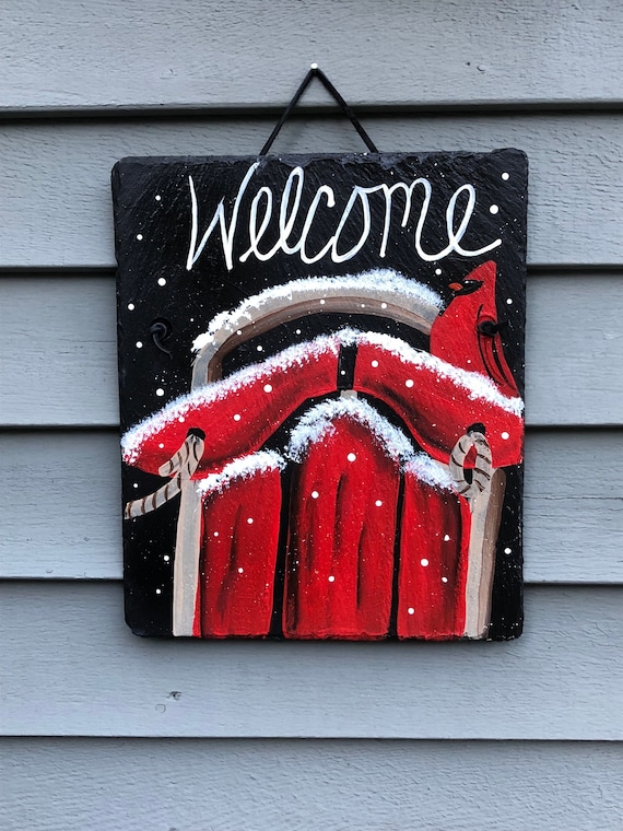 Winter Slate welcome sign, painted slate Sign, Cardinal sign, Painted slate, Winter welcome plaque, Hand Painted Slate, winter door hanger
