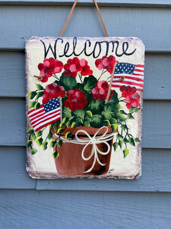 Patriotic slate sign, Summer Slate sign, July fourth welcome plaque, Painted slate, Summer Door hanger, Deck Decor, Porch Decor, Slate sign