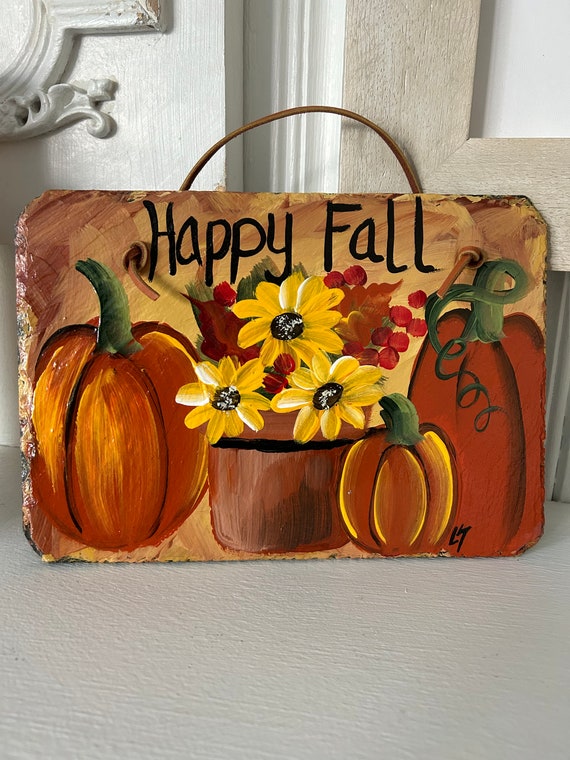 Painted Fall slate welcome sign, painted slate sign, door hanger, Pumpkin slate sign, Fall sign, welcome sign, Painted slate, porch decor