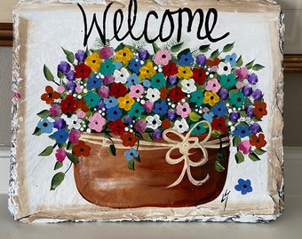 Hand Painted Slate sign, Spring Welcome sign, Front door Slate, Spring Slate Sign, door hanger, Spring slate, Slate welcome plaque