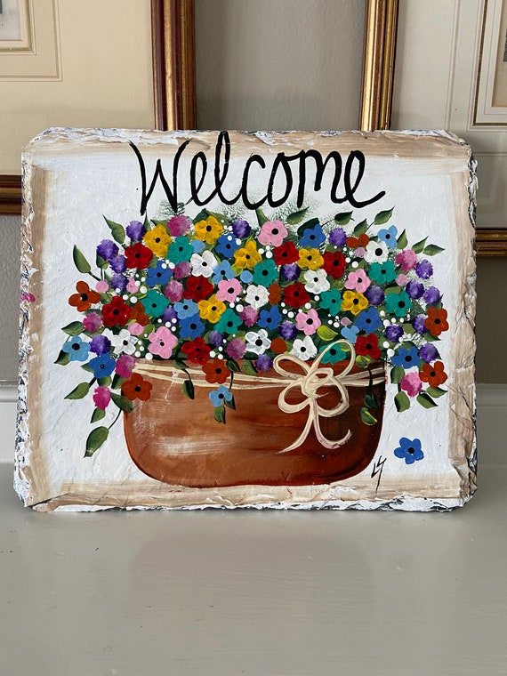 Hand Painted Slate sign, Spring Welcome sign, Front door Slate, Spring Slate Sign, door hanger, Spring slate, Slate welcome plaque