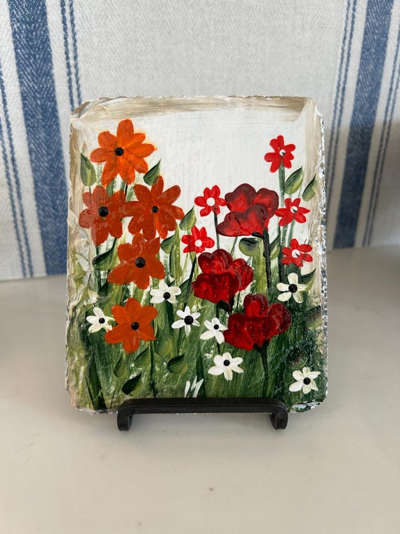 Painted floral slate, Spring kitchen art, painted floral,slate , spring decor, floral painted slate, floral mantle art. floral shelf sitter