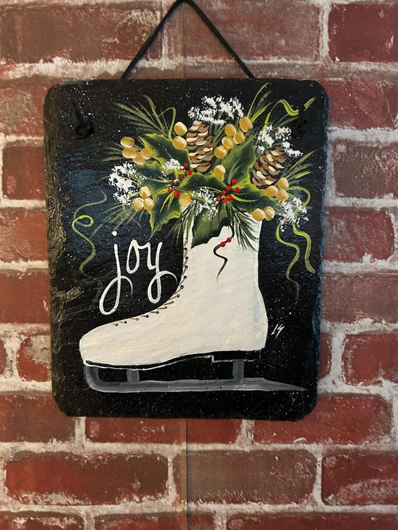 Hand Painted slate: Christmas Door Hanger, Winter greens in skate house sign