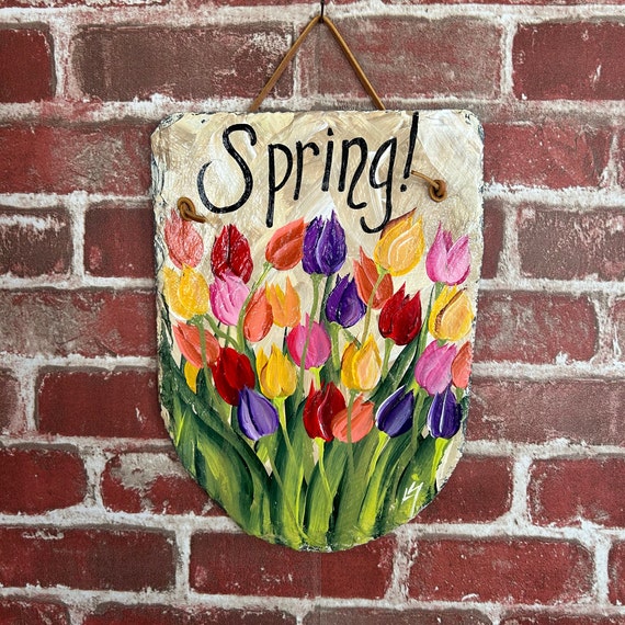 Tulip welcome sign, Easter sign, Spring door hanger, Spring door hanger, Painted Slate, Slate sign, Spring sign, porch decor, garden decor