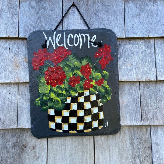 Hand Painted Slate sign, Geranium Welcome sign, Front door Slate, Slate Sign, door hanger, Slate plaque, Slate welcome plaque, painted slate