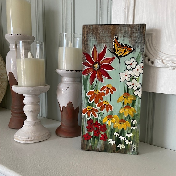 Spring shelf sitter, Rustic Spring garden painting on wood, spring porch decor, Fireplace Mantel decor, rustic wood floral shelf decor