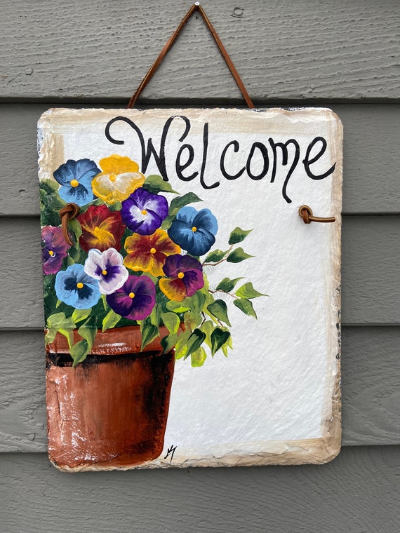 Hand Painted Slate Welcome Sign, Spring door hanger, Pansies Welcome sign, Garden decoration, outdoor decor, deck decor, painted slate