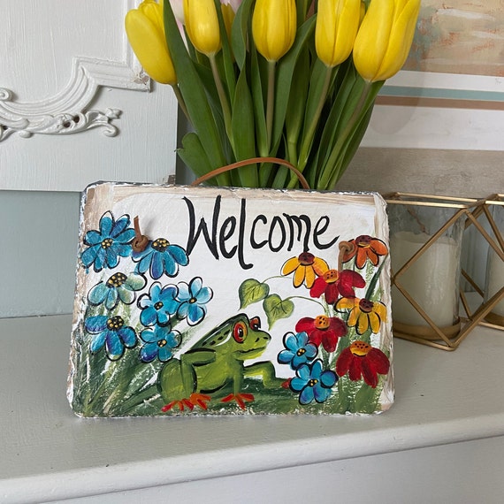 Painted welcome sign, Slate sign for garden, Welcome to our Garden sign, slate signs, painted slate, garden decor, frog sign, gift for mom
