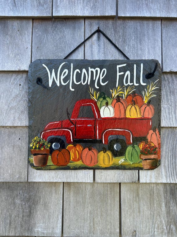 Painted red truck with pumpkins, welcome plaque, door hanger, Pumpkin slate sign, Fall sign, Painted slate, slate sign, porch decor