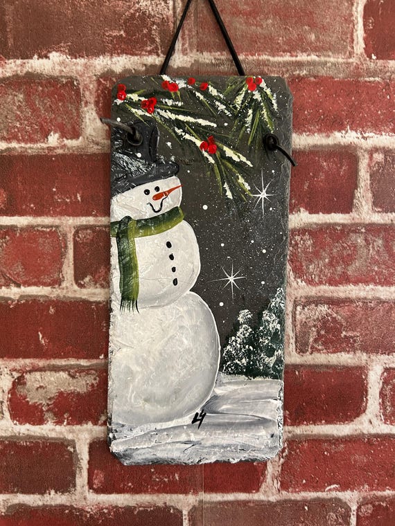 Hand Painted Snowman Slate: Rustic Winter Wall Decor, snowman door hanger, outdoor art