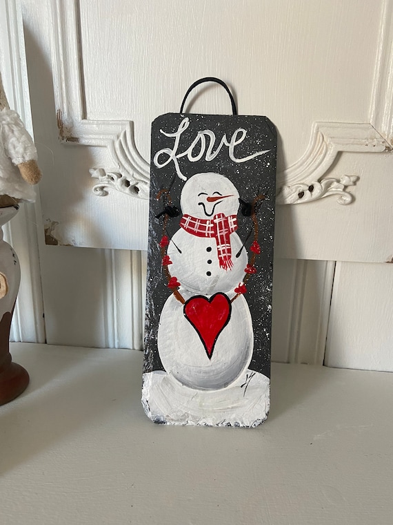 Hand painted Valentine Day slate: Love Snowman sign
