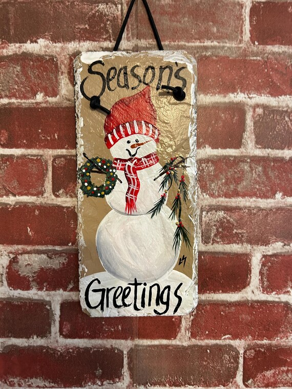 Hand Painted Christmas Snowmen Slate: Rustic holiday Wall Decor, Christmas door hanger, outdoor art