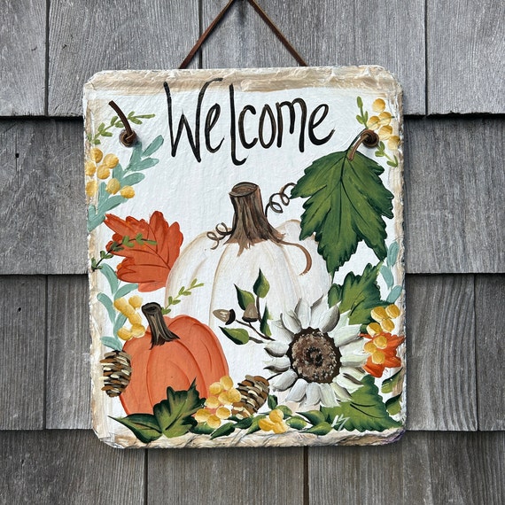 Painted slate tile, pumpkin welcome plaque, door hanger, Pumpkin slate sign, Painted slate, slate sign, Fall sign